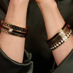 Agama Black & Gold Hinged Enamel Bangle | Halcyon Days