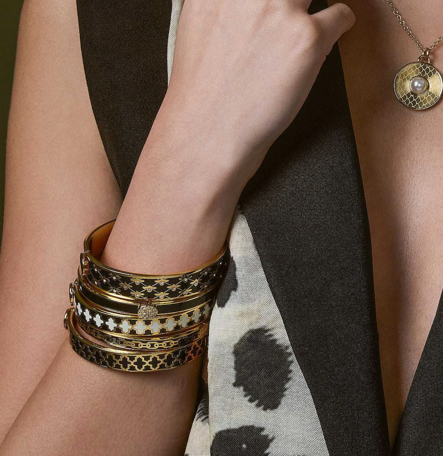 Agama Black & Gold Hinged Enamel Bangle | Halcyon Days