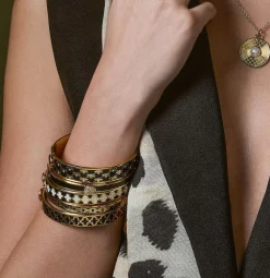 Agama Black, Cream Gold Hinged Enamel Bangle | Halcyon Days