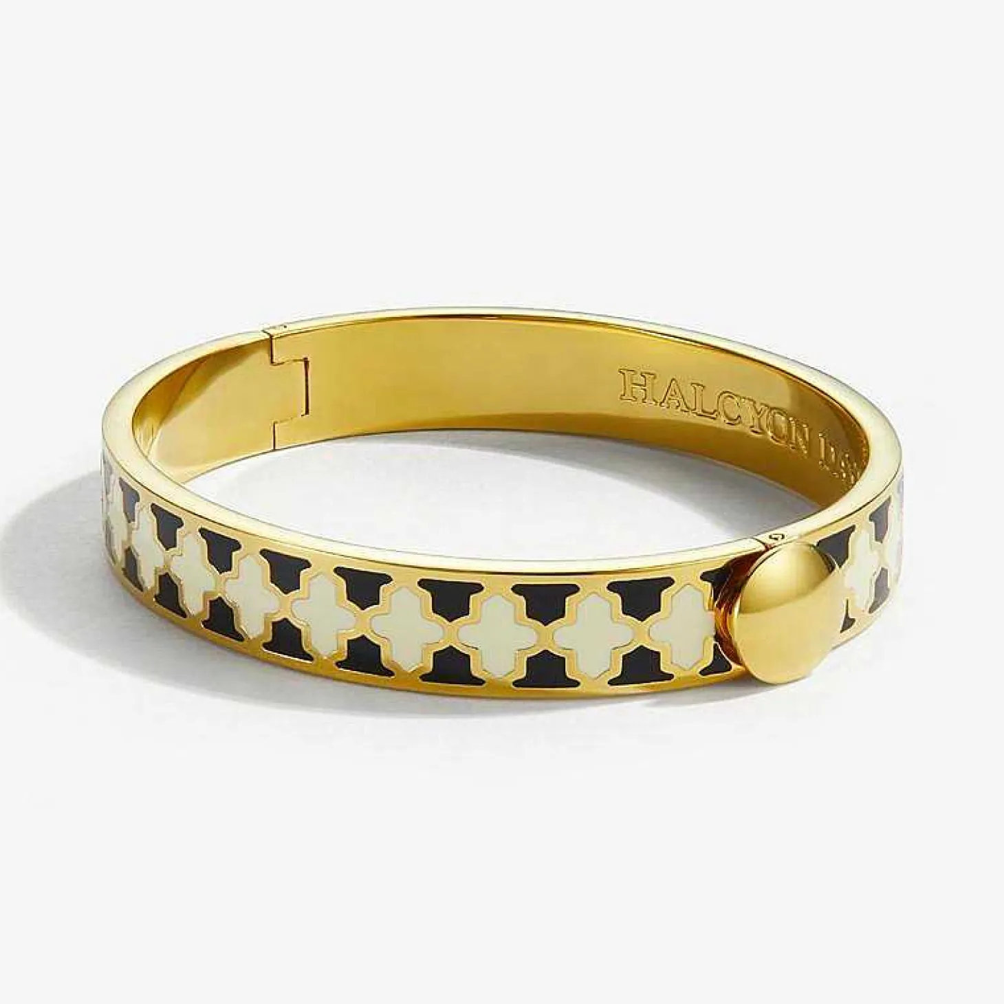 Agama Black, Cream Gold Hinged Enamel Bangle | Halcyon Days