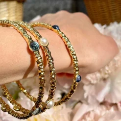 Cabochon Forget-Me-Not Gold Push-On Bangle | Halcyon Days