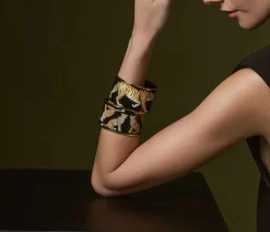 Leopard Enamel Cuff Bangle Black & Gold | Halcyon Days
