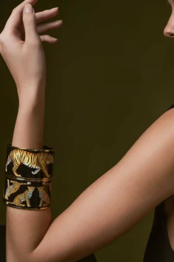 Leopard Enamel Cuff Bangle Black & Gold | Halcyon Days