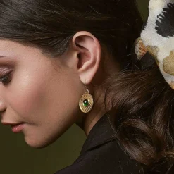 Salamander Cabochon Emerald & Gold Earrings