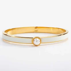 Skinny Cabochon Pearl Cream & Gold Bangle | Halcyon Days