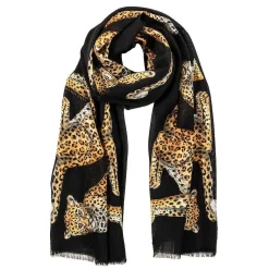 Twin Leopard Black Wool Silk Scarf | Halcyon Days